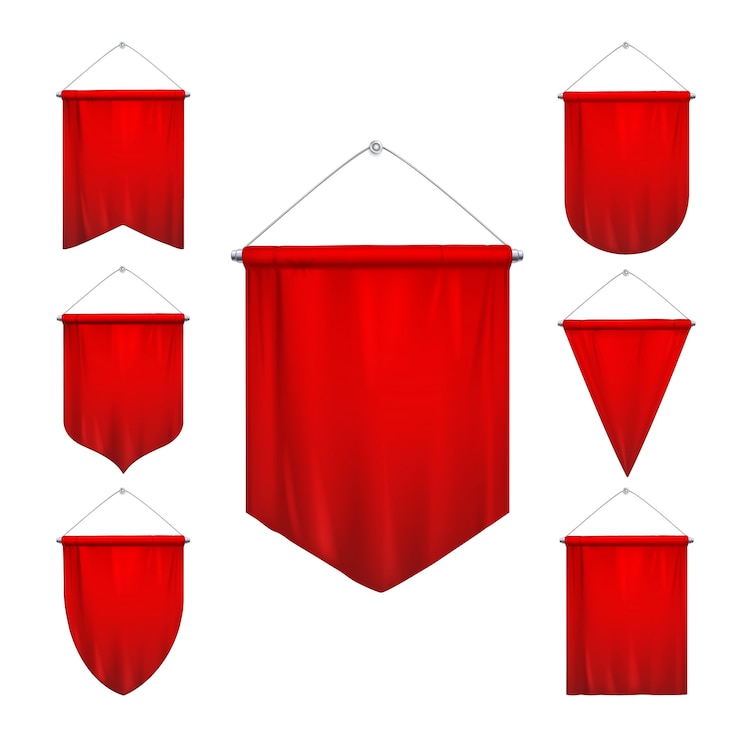 Vector gratuito señal roja banderines deportivos triángulo banderas varias formas que se estrechan colgando pennons banners conjunto realista ilustración aislada