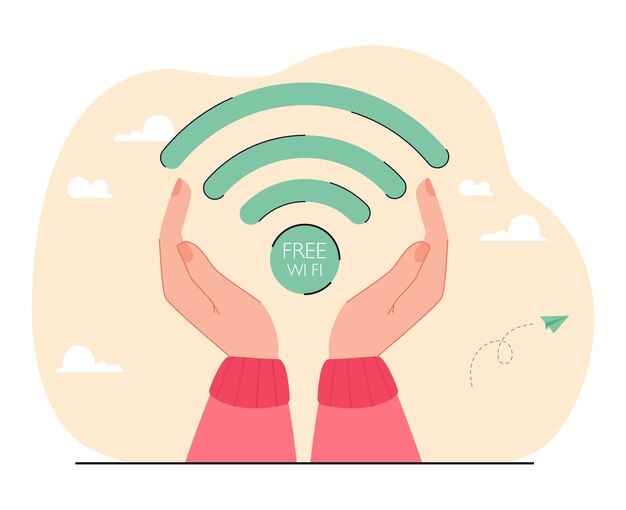 Señal wifi gratuita en manos femeninas cariñosas ilustración vectorial plana