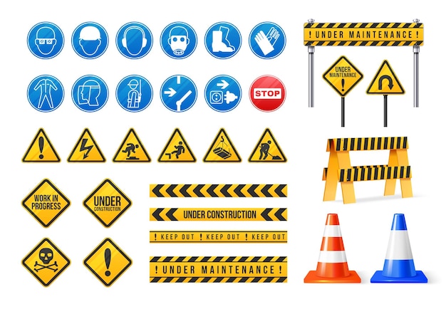 Señales y barreras de construcción de seguridad de advertencia conjunto realista aislado en ilustración vectorial de fondo blanco