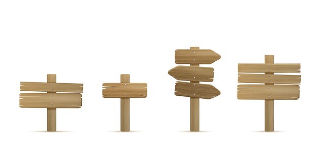 Señales de madera 3D establecidas aisladas en fondo blanco Ilustración vectorial realista de señales de tráfico antiguas en postes con flechas que indican la dirección juego ui elementos de diseño puntero en blanco que muestra el camino