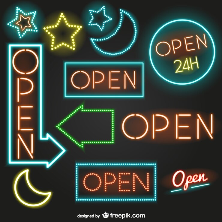 Vector gratuito señales de neón abierto 24 horas