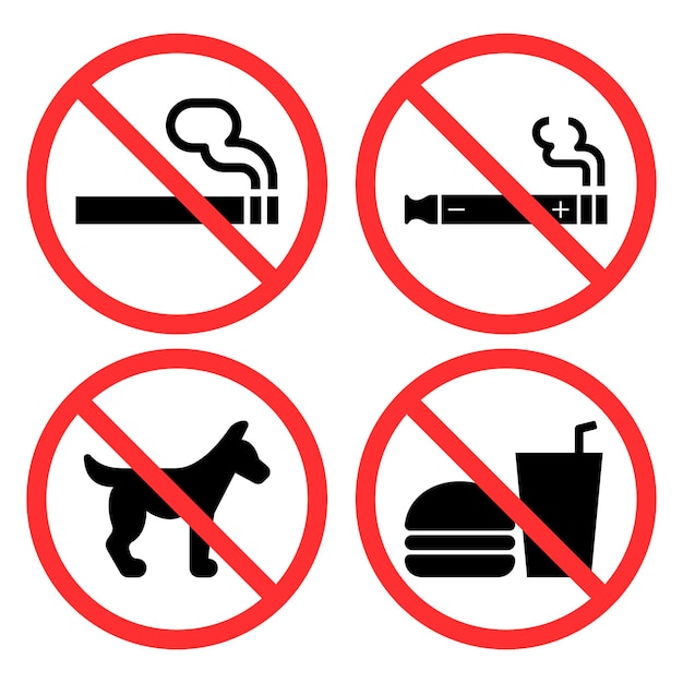 Señales prohibidas establecidas para fumar perros vape y comida y bebida