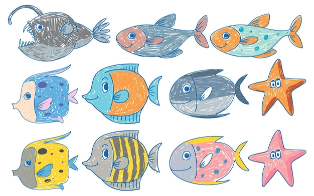 Vector gratuito sencillo garabato infantil de pescado