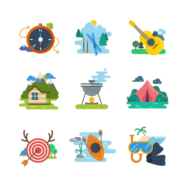 Vector gratuito senderismo, camping colección de iconos planos. kayak y buceo, esquí y caza, ilustración vectorial