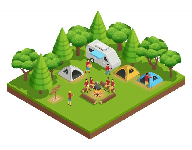 Senderismo composición isométrica con un grupo de personas que acamparon en el bosque y se sientan alrededor del campamento.