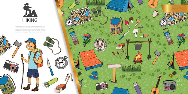 Senderismo dibujado a mano con ilustración turística de campamento de verano