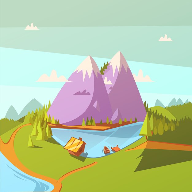 Senderismo en un fondo de dibujos animados de lago
