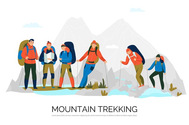 Senderismo trekking tours composición plana con montañeros en arnés con equipo de escalada picos de montaña en el fondo