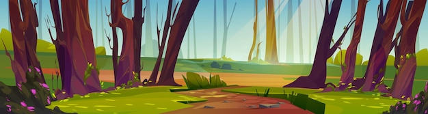 Sendero en la ilustración de dibujos animados de bosque iluminado por el sol