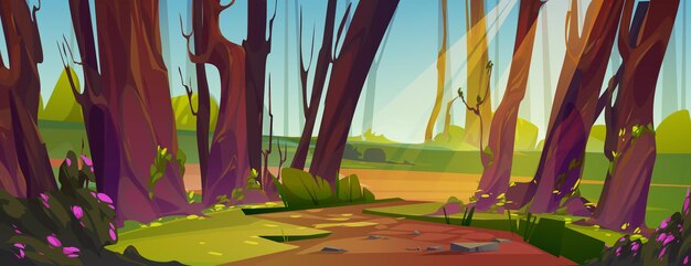 Sendero en la ilustración de dibujos animados de bosque iluminado por el sol