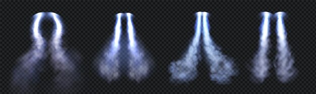 Sendero de nube de humo Jetpack con efecto vectorial de fuego azul Estela de velocidad de cohete en el aire del cielo Flujo realista 3d Vuelo de avión aislado lanzamiento textura textura Paquete transparente de cola de motor de nave espacial