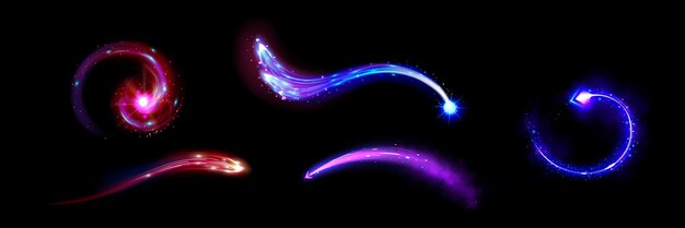 Senderos de luz de poder mágico aislados en fondo negro Vector ilustración realista de colorido vórtice de energía espacio brillante explosión fuego humo brillante efecto milagro de Navidad estrella fugaz