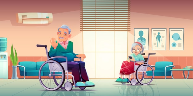 Senior hombre y mujer discapacitados en silla de ruedas en un hogar de ancianos u hospital. Anciana envuelta en teléfono de uso a cuadros, pensionista de pelo gris agitando la mano, ayudando a las personas mayores Ilustración de vector de dibujos animados