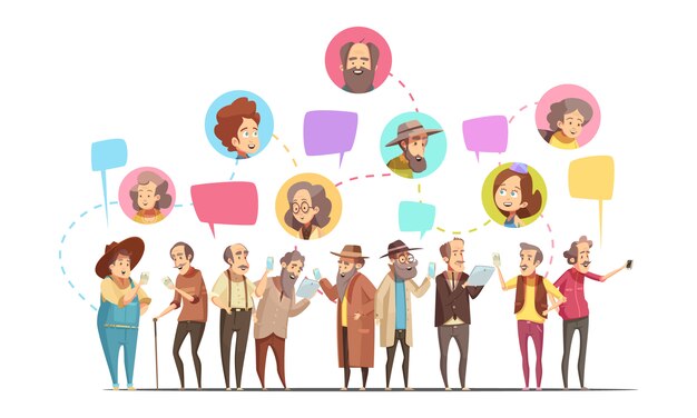 Senior hombres ciudadanos comunicación online retro dibujos animados