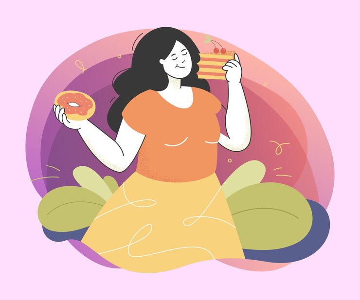 Vector gratuito la señora del diente dulce se está engordando comiendo comida poco saludable.
