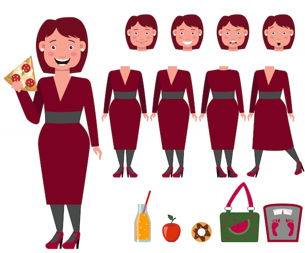 Vector gratuito señora gorda en vestido comiendo conjunto de caracteres de pizza