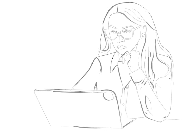 Señora de negocios trabajando en artes de línea de vector de tableta