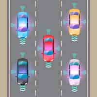 Vector gratuito sensor inalámbrico automático de automóvil inteligente autónomo que conduce en la carretera alrededor del automóvil el automóvil inteligente autónomo realiza escaneos, las carreteras observan la distancia y el sistema de frenado automático