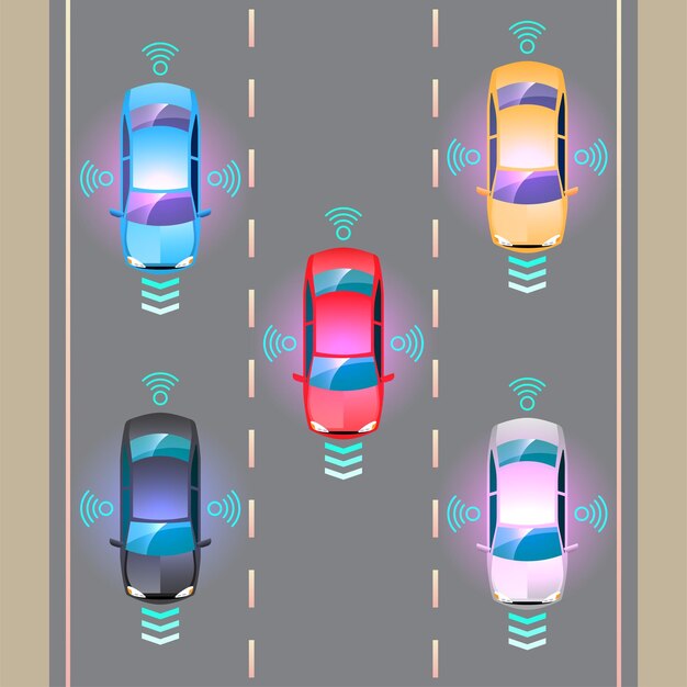 Sensor inalámbrico automático de automóvil inteligente autónomo que conduce en la carretera alrededor del automóvil El automóvil inteligente autónomo realiza escaneos, las carreteras observan la distancia y el sistema de frenado automático