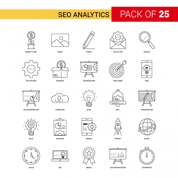 Vector gratuito seo analytics black line icon - 25 conjunto de iconos de esquema de negocios