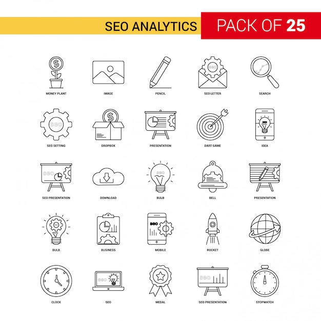SEO Analytics Black Line Icon - 25 Conjunto de iconos de esquema de negocios