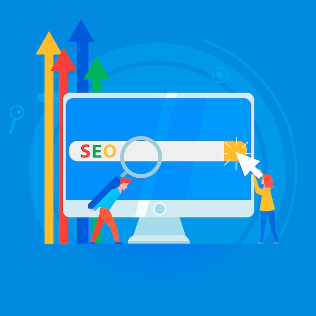 Vector gratuito seo banner. trabajar en el contenido del sitio y su indexación de los motores de búsqueda.