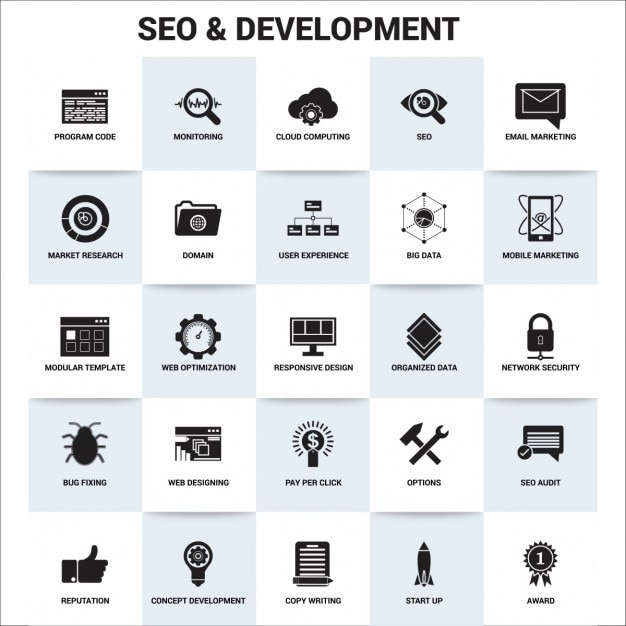 Vector gratuito seo y desarrollo, iconos