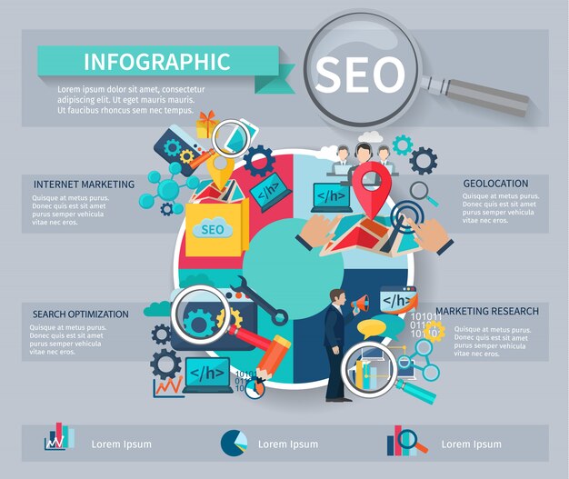 Seo marketing infografía conjunto con símbolos de optimización de búsqueda de sitio web de búsqueda de internet
