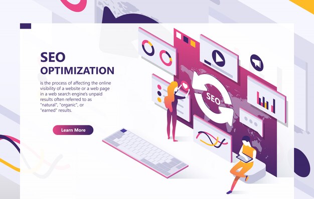 SEO optimización concepto bandera isométrica