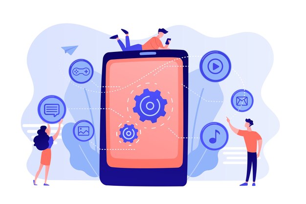SEO, sitio web, desarrollo de software. Optimización de aplicaciones, programación. Diseñadores web, programadores de personajes de dibujos animados. Ilustración del concepto de contenido móvil