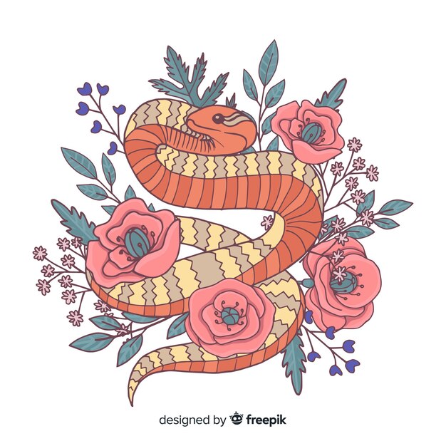 Serpiente dibujada a mano con flores