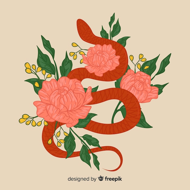 Serpiente dibujada a mano con flores