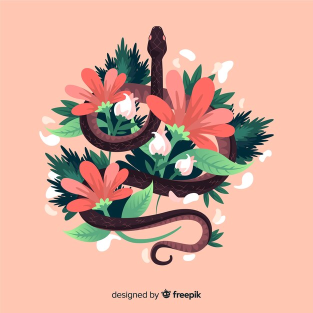 Serpiente dibujada a mano rodeada de flores
