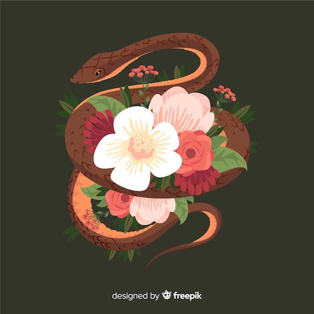 Vector gratuito serpiente dibujada a mano rodeada de flores