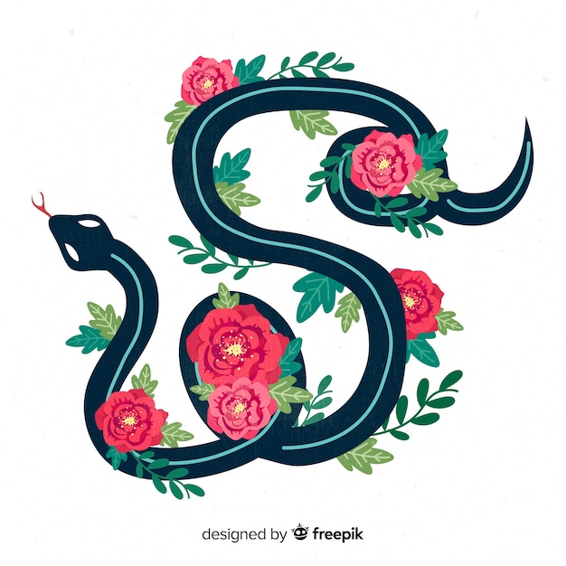 Vector gratuito serpiente con flores en 2d