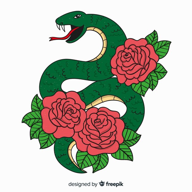 Serpiente con flores dibujadas a mano