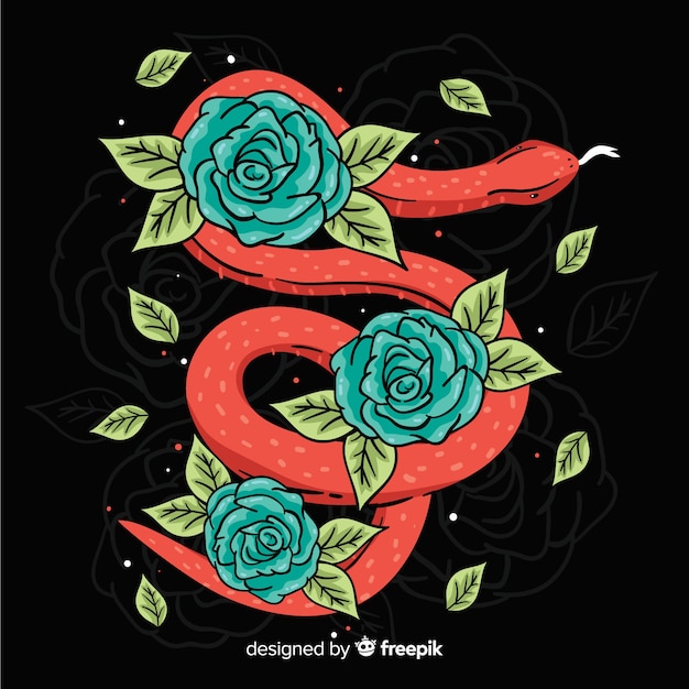 Vector gratuito serpiente con flores dibujadas a mano