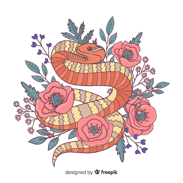 Vector gratuito serpiente con flores dibujadas a mano