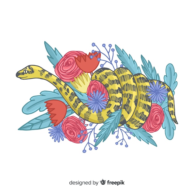 Serpiente con flores dibujadas a mano