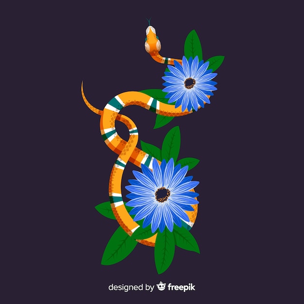 Serpiente con flores y hojas en el fondo