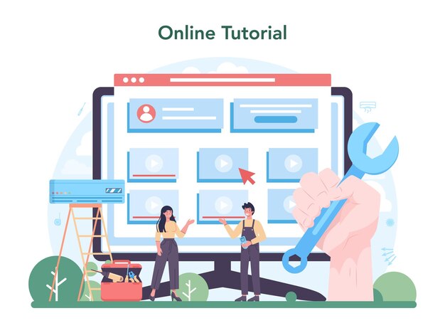 Servicio de aire acondicionado servicio o plataforma en línea Reparador que instala el examen y la reparación del acondicionador Tutorial en línea Ilustración vectorial