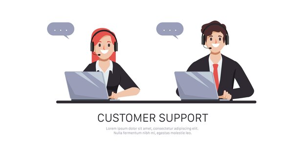Servicio al cliente y carácter del centro de llamadas. Diseño plano del vector del ejemplo de la gente de negocios de la historieta.