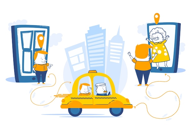 Vector gratuito servicio de aplicación móvil de taxi en una ciudad