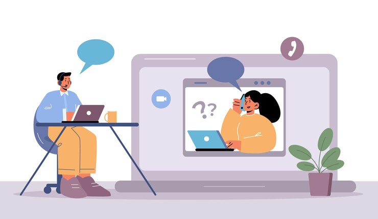 Vector gratuito servicio de atención al cliente ayuda en línea especialista técnico resuelve los problemas del cliente a través de internet el personal del operador en el trabajo de los auriculares en la computadora en el servicio de asistencia del centro de llamadas de la línea directa ilustración vectorial de arte lineal
