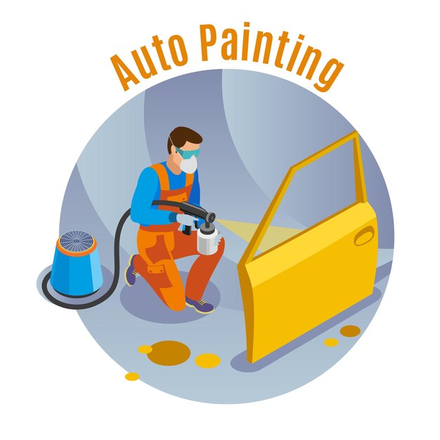 Servicio automático con ilustración isométrica de símbolos de servicio de pintura automática