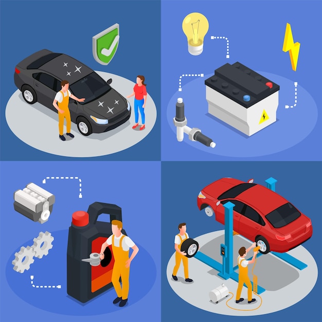 Vector gratuito servicio de automóvil 2x2 concepto de diseño isométrico conjunto de cuatro composiciones cuadradas ilustración de vector de servicio de neumáticos de mantenimiento de inspección ilustrada