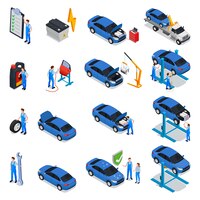 Vector gratuito servicio de automóvil conjunto isométrico de trabajadores que brindan inspección mantenimiento reparación servicio de neumáticos en taller ilustración vectorial aislada