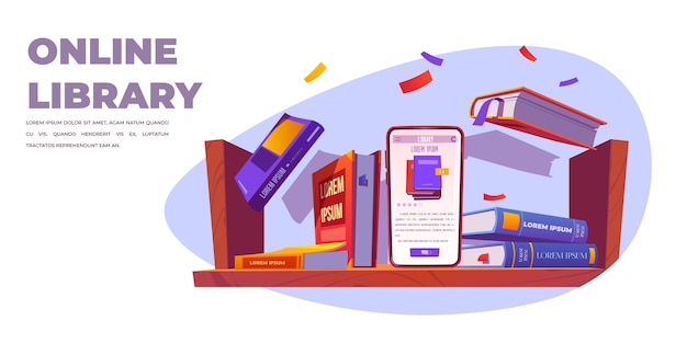 Vector gratuito servicio de biblioteca en línea, soporte para teléfono inteligente en el estante con libros