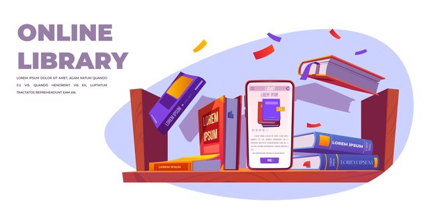 Servicio de biblioteca en línea, soporte para teléfono inteligente en el estante con libros