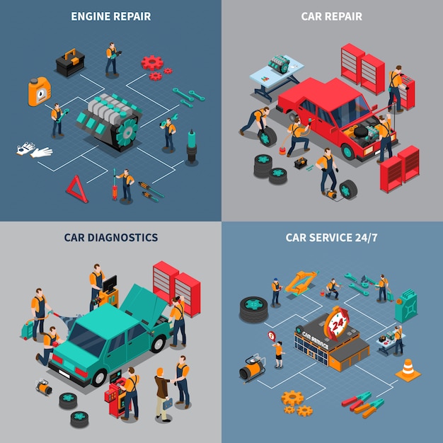 Servicio de coche 4 iconos isométricos cuadrados